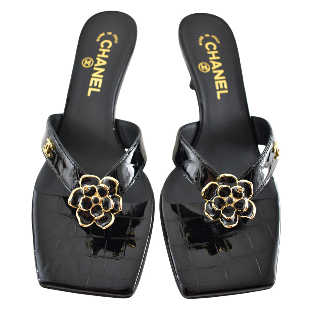 Chanel 26A Black Crocodile Croc CC Flower Backless Mule Heel Thong Sandal 37 - Picture 3 of 16